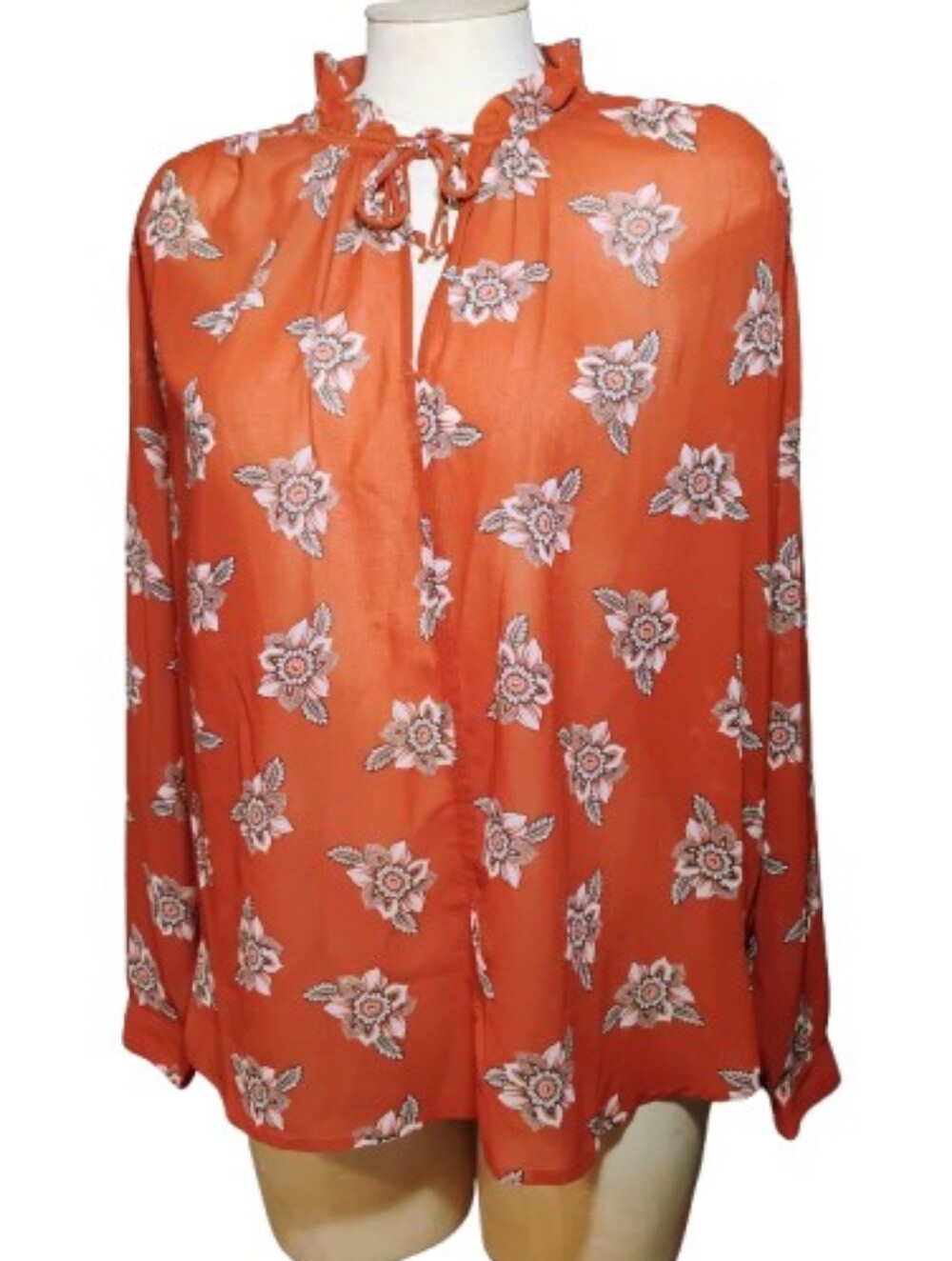 LOFT Rust Floral Peasant Blouse M Boho Ruffled Tie Neck Semi Sheer